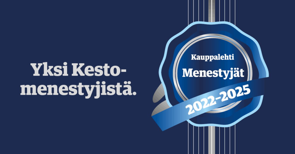 Kestomenestyjät banneri. Hotelli Kumpeli on saanut kestomenestyjä sertifikaatin vuosille 2022-2025
